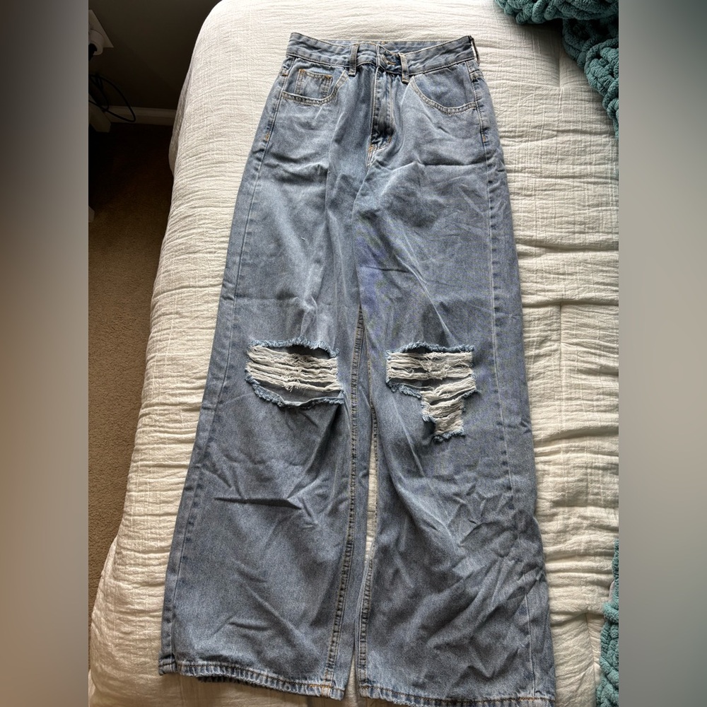 SHEIN Blue Distressed Wide Leg Jeans